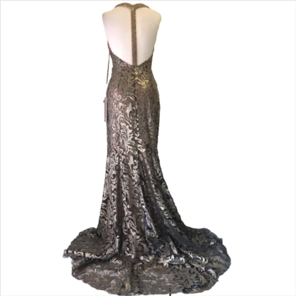 Jovani Project Runway Bronze Sequin Crystal Lace Formal Prom Gown - Picture 6 of 11
